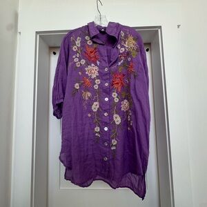 Purple Floral Embroidered Blouse, 100% Ramie